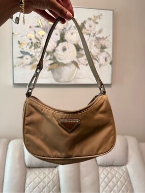 Milano Italy Small Shoulder Bag in Tan Nylon with Silver-Tone Hardware